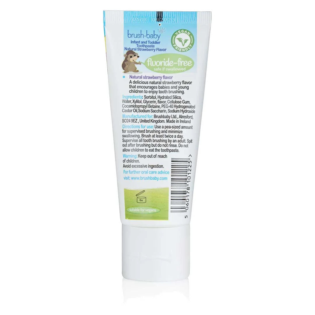 back of fluoride-free strawberry baby toothpaste for 1 year old with ingredients